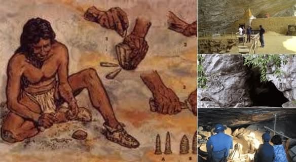 Archaeological reconstruction showing Balangoda Man and prehistoric life in ancient Sri Lankan caves