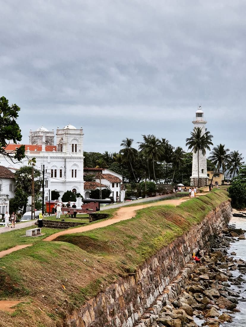 Historical Dutch colonial buildings inside Galle Fort showing traditional architecture with red tile roofs