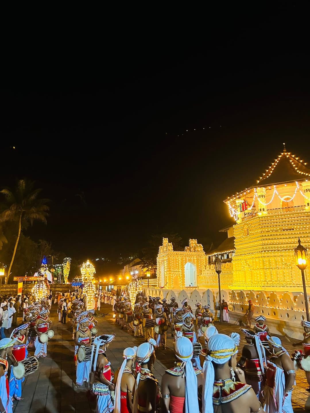 Esala Perahera procession with decorated elephants and traditional dancers illuminated by torchlight