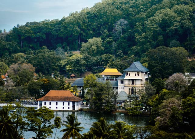 Kandy city view with the Temple of the Tooth and surrounding hills