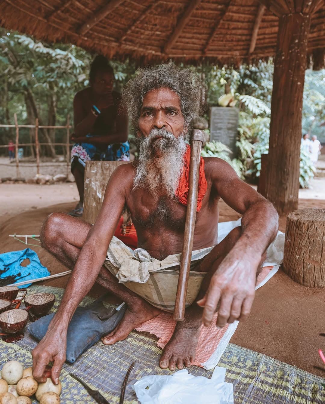 Dambana Vedda village showing traditional huts, indigenous people, and cultural activities