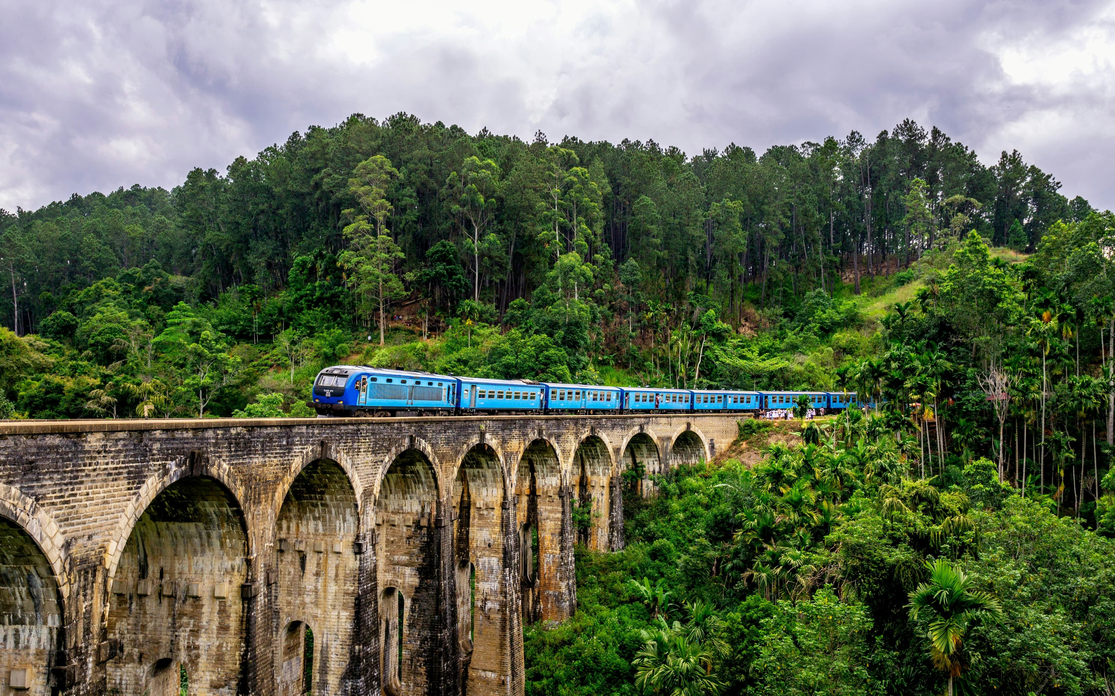 Nine Arch Bridge in Ella with train passing through lush green tea plantations