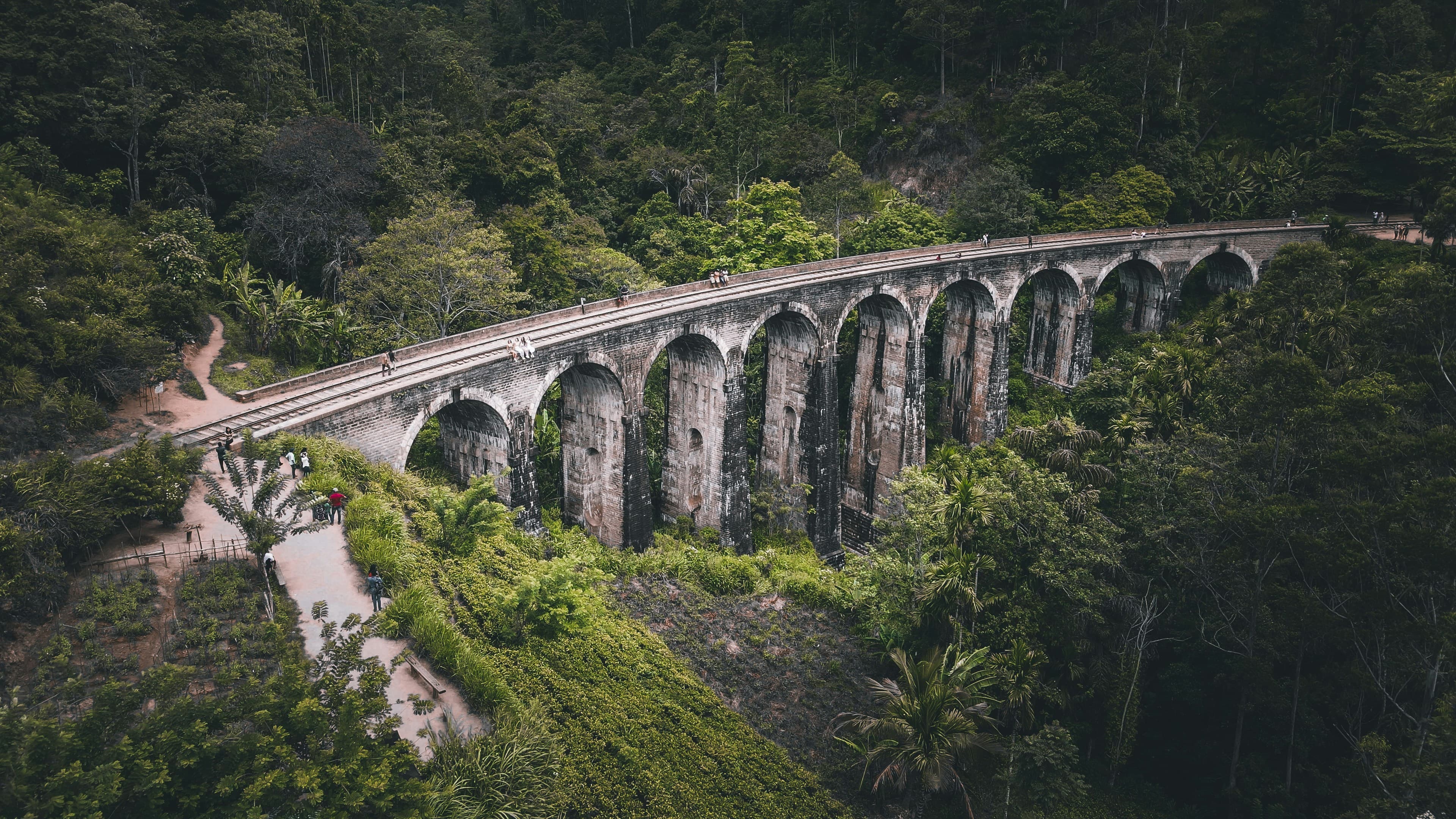 Iconic Nine Arch Bridge with train crossing through lush jungle and tea plantations
