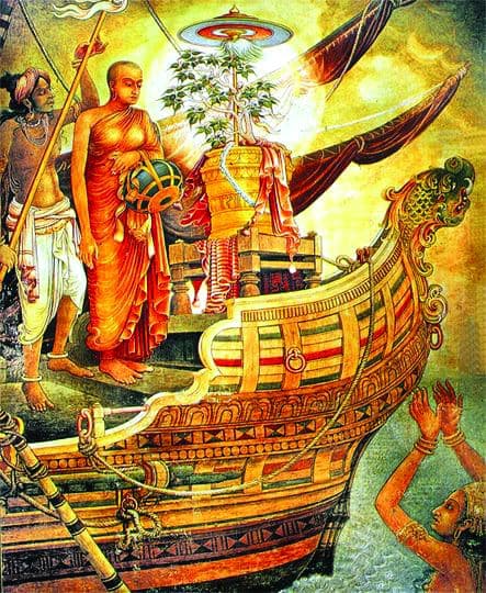 Ancient illustration showing Princess Sanghamitta bringing the sacred Bo tree sapling to Sri Lanka