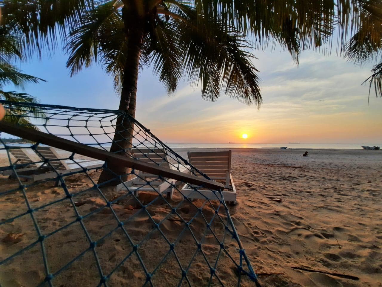 Beautiful sunrise over Trincomalee beach with golden light reflecting on the ocean waves