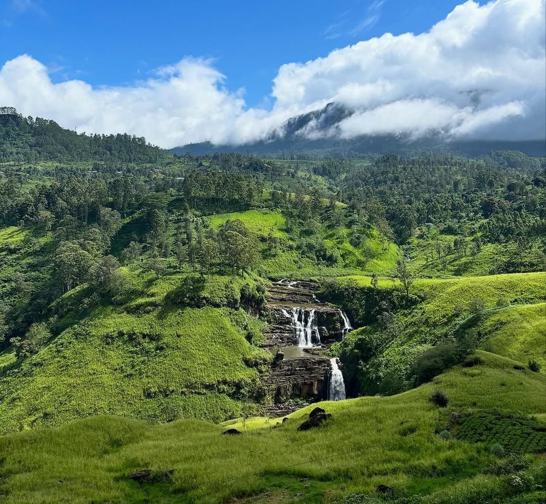 St. Clair's Falls near Thalawakale, cascading through lush tea country on the way to Nuwara Eliya